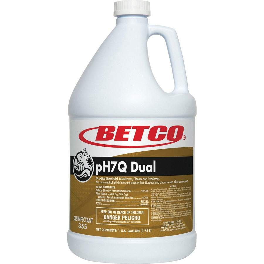 Betco pH7Q Dual Neutral Disinfectant Cleaner - Concentrate - 128 fl oz (4 quart) - Pleasant Lemon Scent - Deodorant, pH Neutral - Light Amber - 1 Each