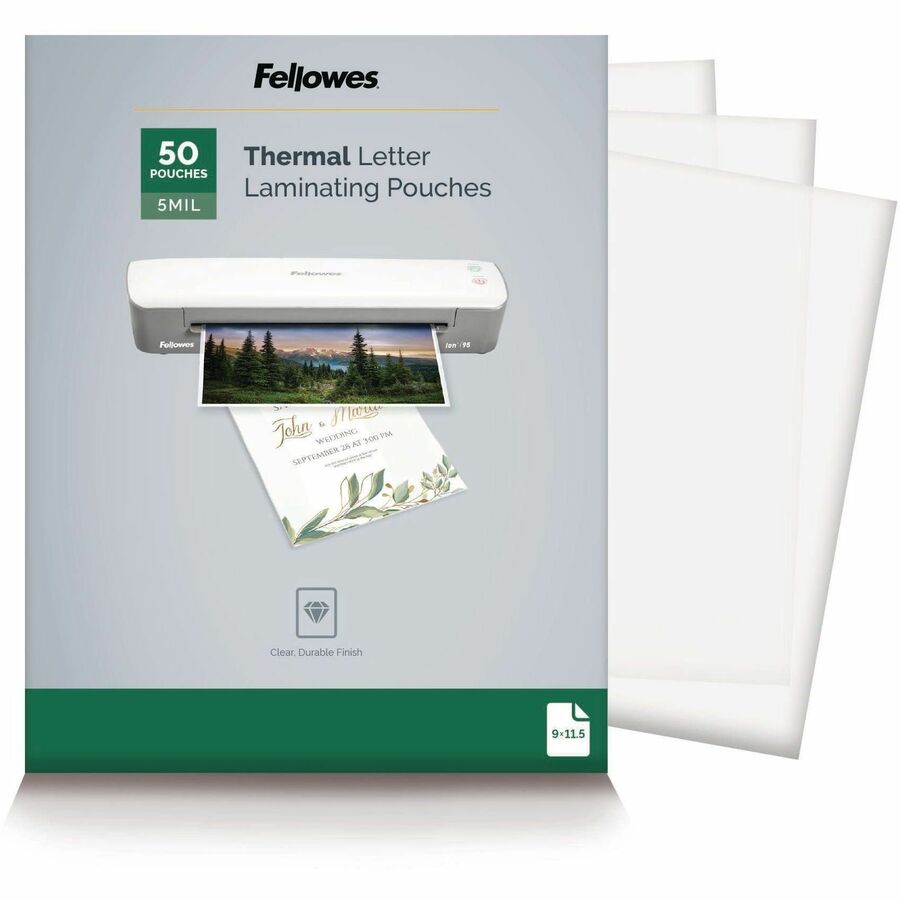 Fellowes Letter-Size Thermal Laminating Pouches - Sheet Size Supported: Letter 8.50" Width x 11" Length - Laminating Pouch/Sheet Size: 9" Width x 5 mil Thickness - Glossy - for Document - Photo-safe, Durable - Clear - 50 / Pack