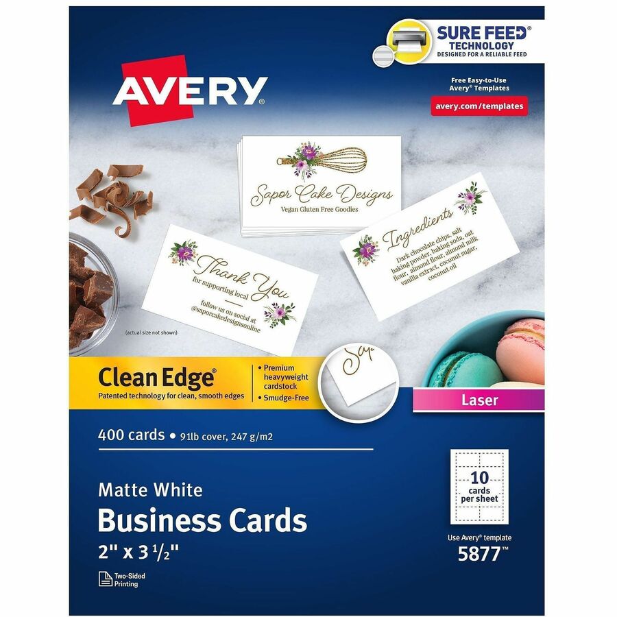 Avery®, Clean Edge Business Cards - 145 Brightness - A4 - 8 1/2" x 11" - 91 lb Basis Weight - 247 g/m², Grammage - Matte - Heavyweight, Perforated, Rounded Corner, Smooth Edge, Uncoated, Double-sided, Smudge-free, Jam-free, Printable, Avery Clea...