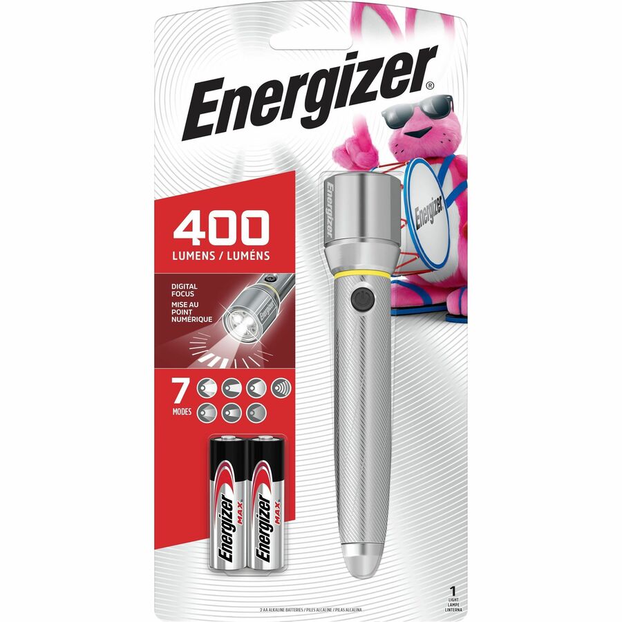 Energizer Vision HD Performance Metal Flashlight with Digital Focus - LED - 400 lm Lumen - 2 x AA - Battery - Metal - Water Resistant - Chrome - 1 Each