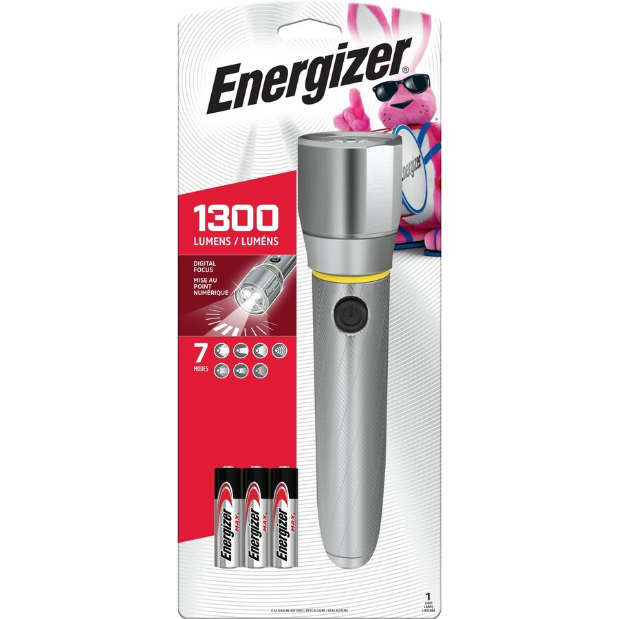 Energizer Vision HD Extra Performance Metal Flashlight with Digital Focus - LED - 1300 lm Lumen - 6 x AA - Battery - Metal - Water Resistant - Chrome - 1 Pack
