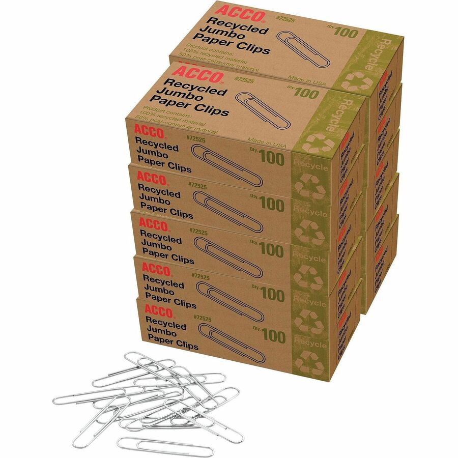 ACCO Recycled Paper Clips - Jumbo - 1.6" Length - 20 Sheet Capacity - for Paper - Reusable, Durable - Silver - 100/Box - 10 / Pack