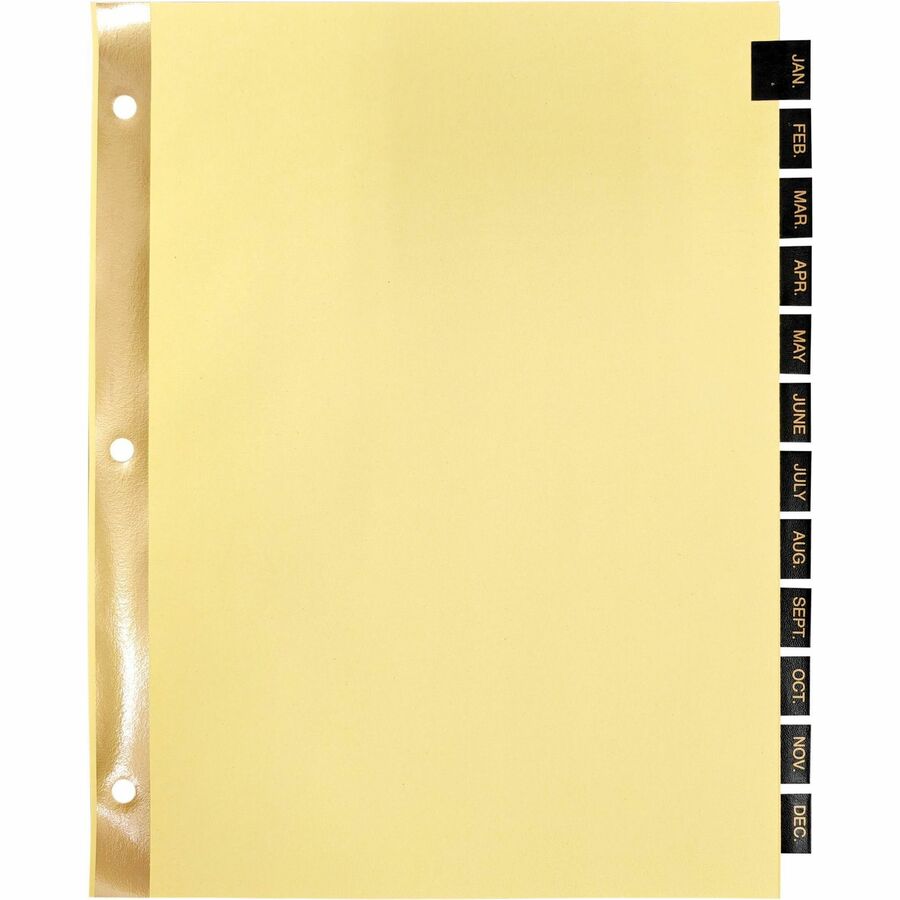 Business Source Monthly Black Leather Tab Index Dividers - 12 Printed Tab(s) - Month - January-December - 8.5" Divider Width x 11" Divider Length - Letter - 3 Hole Punched - Buff Paper Divider - Black Leather Tab(s) - 20% - 1 Set