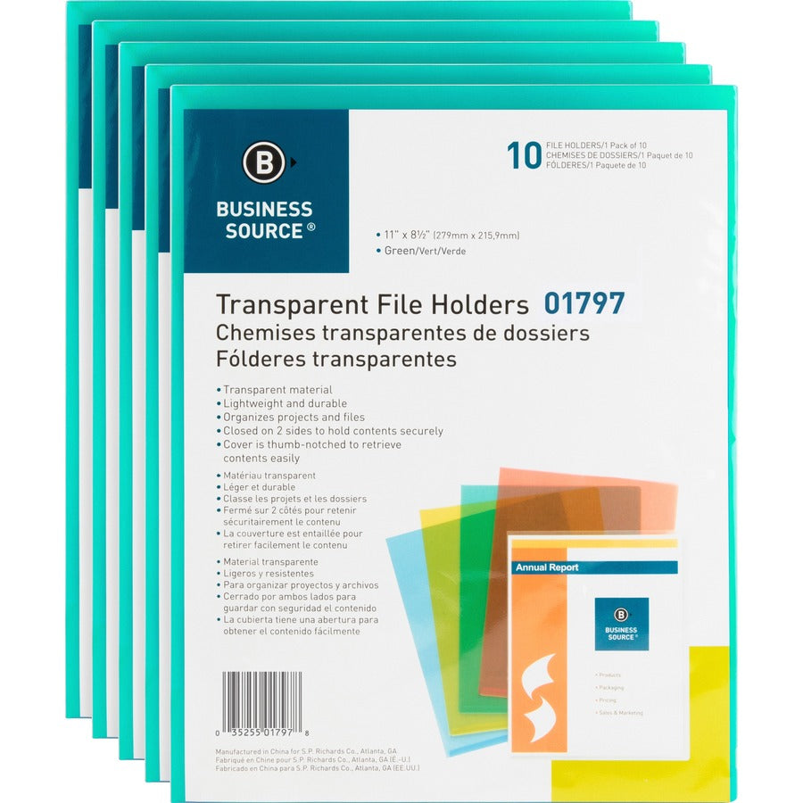 Business Source Letter File Sleeve - 8 1/2" x 11" - 20 Sheets Capacity - Green - Water Resistant, Transfer Safe, Lightweight, Transparent - 10/Pack - 5 / Box