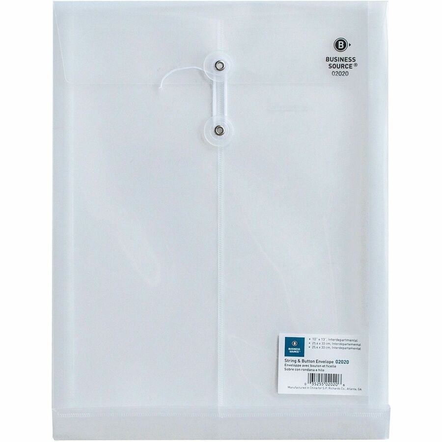 Business Source String Closure Top-open Poly Envelope - Inter-department - 10" Width x 13" Length - String/Button - Clear - 1 Each