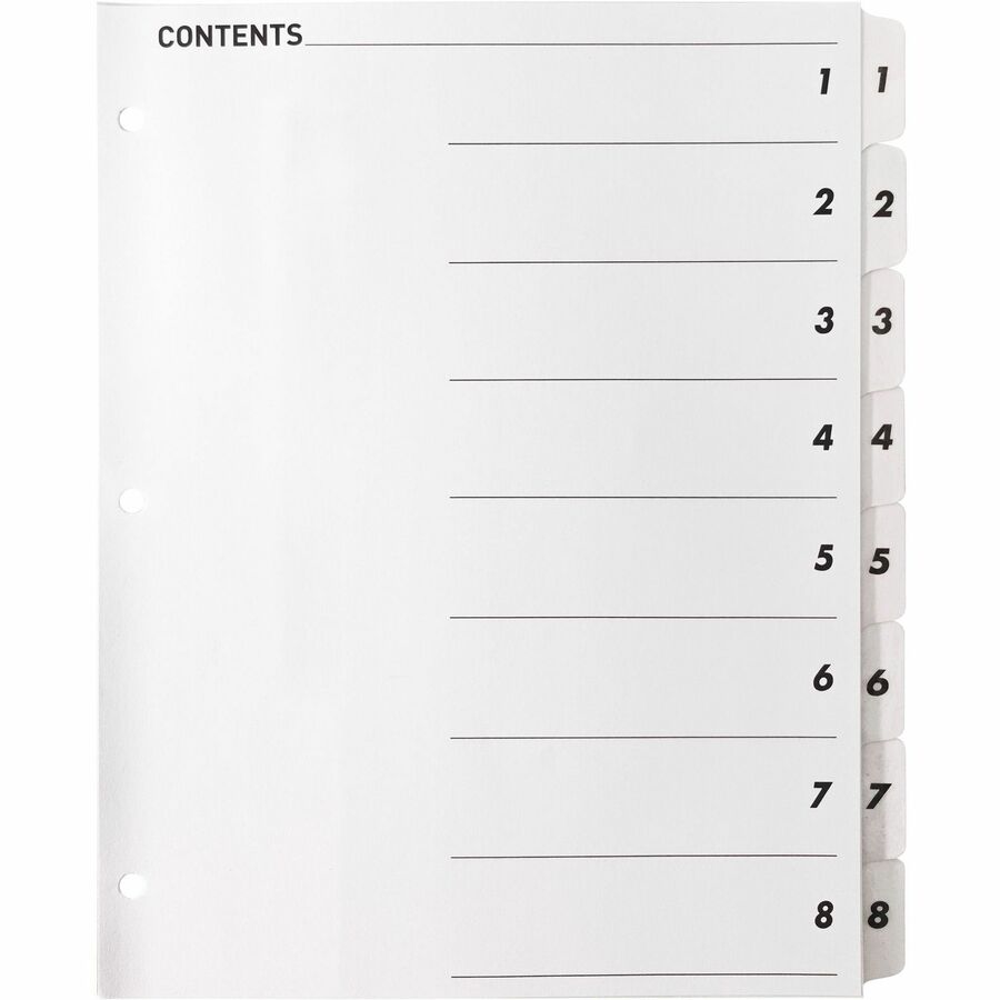 Business Source Table of Content Quick Index Dividers - Printed Tab(s) - Digit - 1-8 - 8 Tab(s)/Set - 8.5" Divider Width x 11" Divider Length - 3 Hole Punched - White Divider - White Mylar Tab(s) - 1 Set