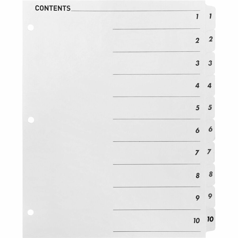 Business Source Table of Content Quick Index Dividers - Printed Tab(s) - Digit - 1-10 - 10 Tab(s)/Set - 8.5" Divider Width x 11" Divider Length - 3 Hole Punched - White Divider - White Mylar Tab(s) - 1 Set