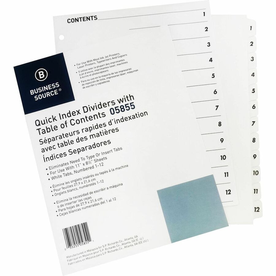 Business Source Table of Content Quick Index Dividers - Printed Tab(s) - Digit - 1-12 - 12 Tab(s)/Set - 8.5" Divider Width x 11" Divider Length - 3 Hole Punched - White Divider - White Mylar Tab(s) - Tear Resistant, Reinforced, Punched - 1 Set