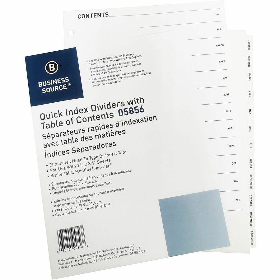 Business Source Jan-Dec Monthly Table of Contents Index Dividers - Printed Tab(s) - Month - January-December - 12 Tab(s)/Set - 8.5" Divider Width x 11" Divider Length - Letter - 3 Hole Punched - White Divider - White Mylar Tab(s) - Tear Resistant, Rein...