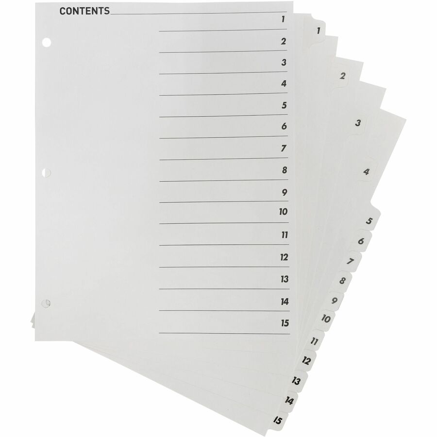 Business Source Table of Content Quick Index Dividers - Printed Tab(s) - Digit - 1-15 - 15 Tab(s)/Set - 8.5" Divider Width x 11" Divider Length - 3 Hole Punched - White Divider - White Mylar Tab(s) - 1 Set