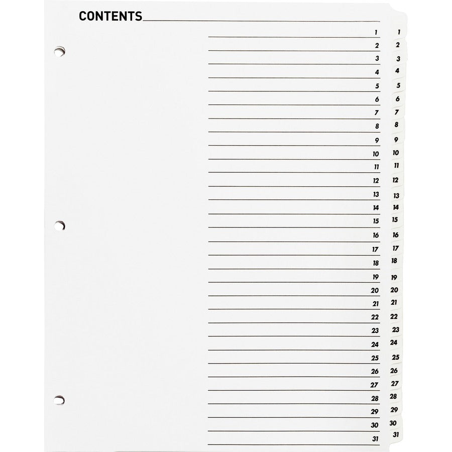 Business Source Table of Content Quick Index Dividers - Printed Tab(s) - Digit - 1-31 - 31 Tab(s)/Set - 8.5" Divider Width x 11" Divider Length - 3 Hole Punched - White Divider - White Mylar Tab(s) - 1 Set