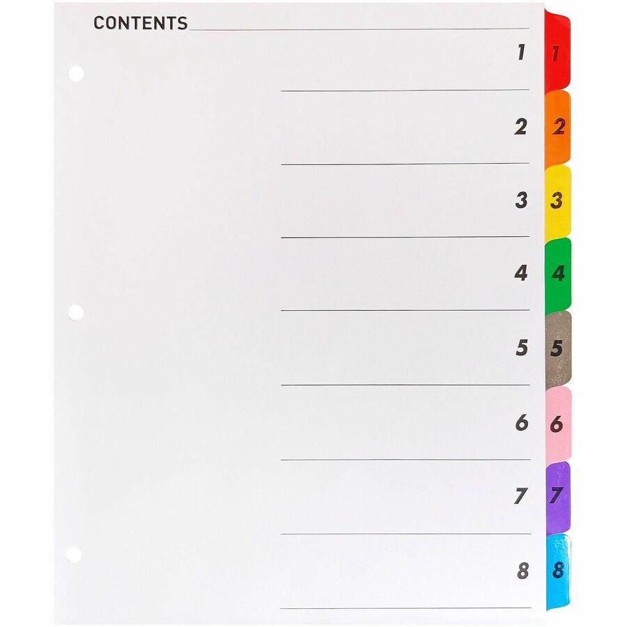 Business Source Table of Content Quick Index Dividers - Printed Tab(s) - Digit - 1-8 - 8 Tab(s)/Set - 8.5" Divider Width x 11" Divider Length - 3 Hole Punched - Multicolor Divider - Multicolor Mylar Tab(s) - Tear Resistant, Reinforced, Punched - 1 Set