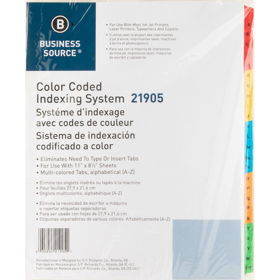 Business Source A-Z Tab Table of Contents Index Dividers - Printed Tab(s) - Character - A-Z - 25 Tab(s)/Set - 8.5" Divider Width x 11" Divider Length - Letter - 3 Hole Punched - White Mylar Divider - White Mylar Tab(s) - 1 Set