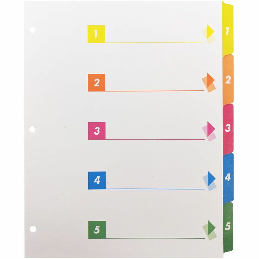 Business Source Color-coded Table of Contents/Tabs Index Dividers - Printed Tab(s) - Digit - 1-5 - 5 Tab(s)/Set - 3 Hole Punched - White Divider - Multicolor Mylar Tab(s) - 1 Box