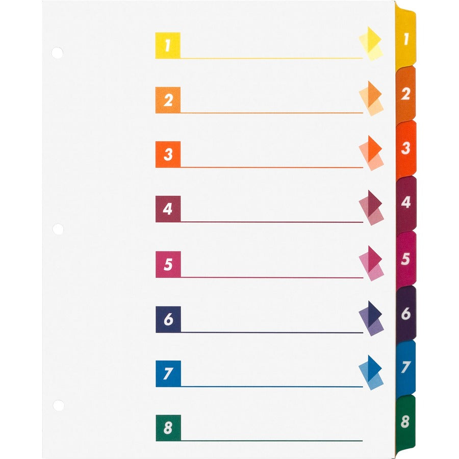 Business Source Color-coded Table of Contents/Tabs Index Dividers - Printed Tab(s) - Digit - 1-8 - 8 Tab(s)/Set - 3 Hole Punched - White Divider - Multicolor Mylar Tab(s) - Tear Resistant, Reinforced, Punched - 1 Box