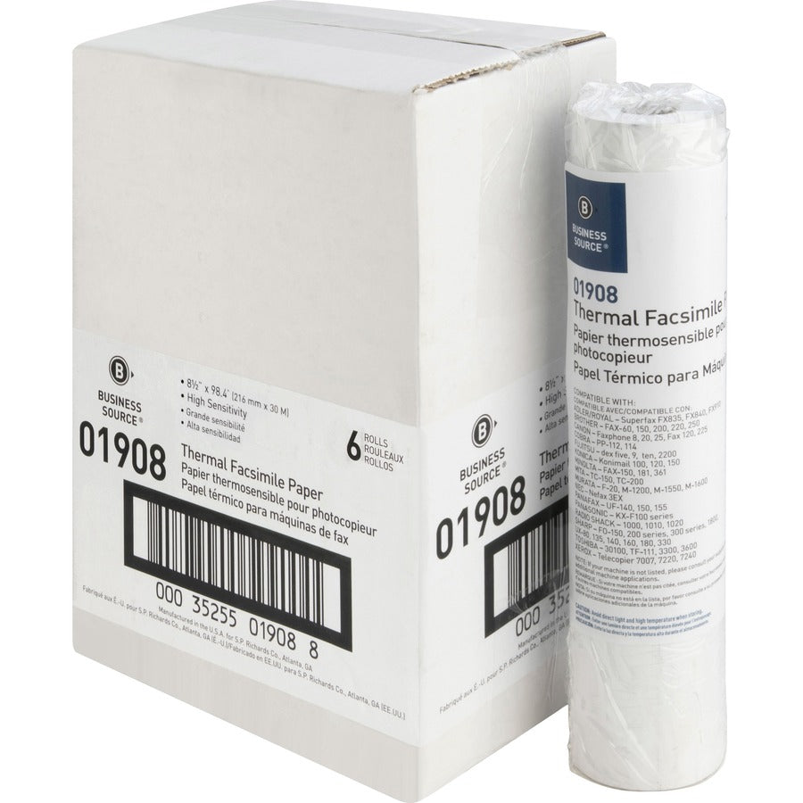 Business Source Thermal Fax Paper Rolls - 8 1/2" x 98 ft - 55 g/m², Grammage - White - 6 / Carton