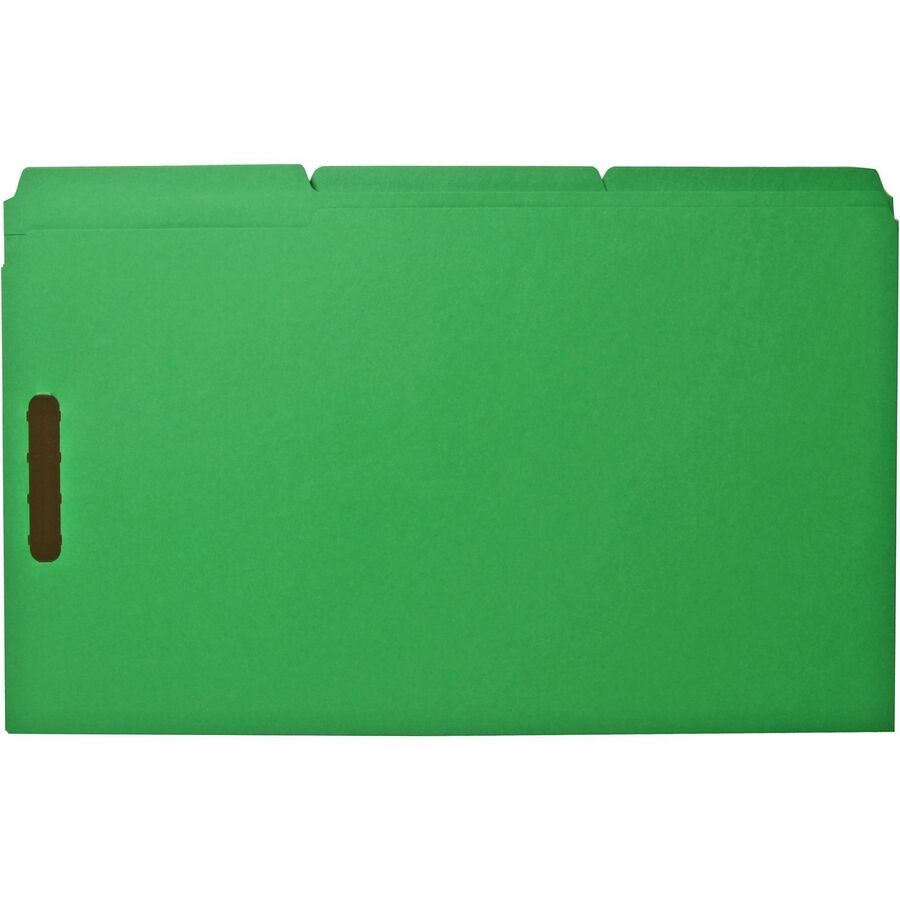 Business Source 1/3 Tab Cut Legal Recycled Fastener Folder - 8 1/2" x 14" - 3/4" Expansion - 2 Fastener - 2" Fastener Capacity - Top Tab Location - Assorted Tab Position - 11 pt. - Green - 10% Recycled - 50 / Box