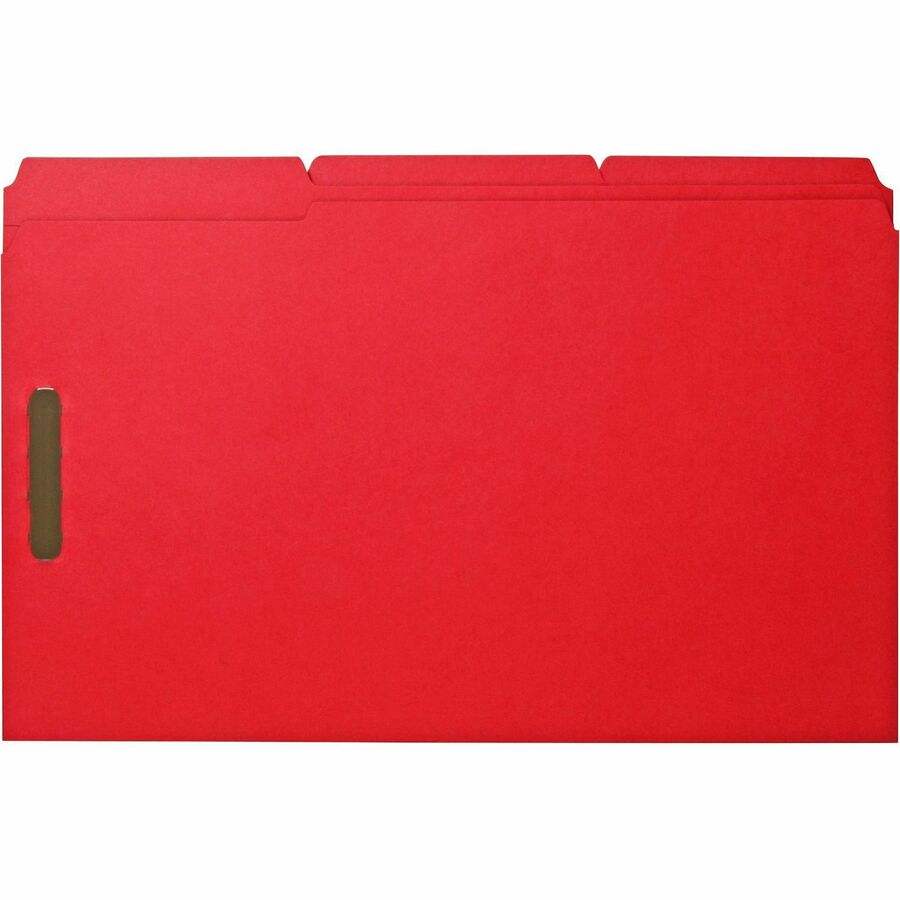 Business Source 1/3 Tab Cut Legal Recycled Fastener Folder - 8 1/2" x 14" - 3/4" Expansion - 2 Fastener - 2" Fastener Capacity - Top Tab Location - Assorted Tab Position - 11 pt. - Red - 10% Recycled - 50 / Box