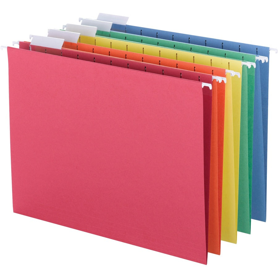 Business Source 1/5 Tab Cut Letter Hanging Folder - 8 1/2" x 11" - Top Tab Location - Blue, Green, Orange, Red, Yellow - 10% Recycled - 25 / Box