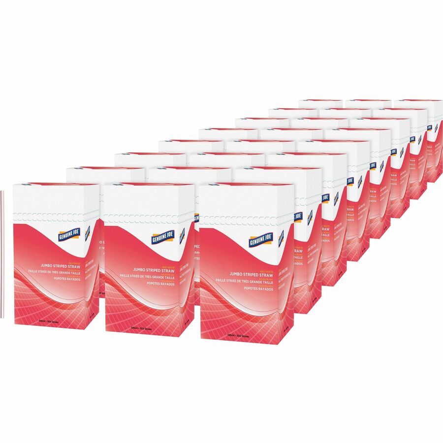 Genuine Joe Jumbo Striped Straws - 7.8" Length - Plastic - Red, White - 500/Box - 24 / Carton