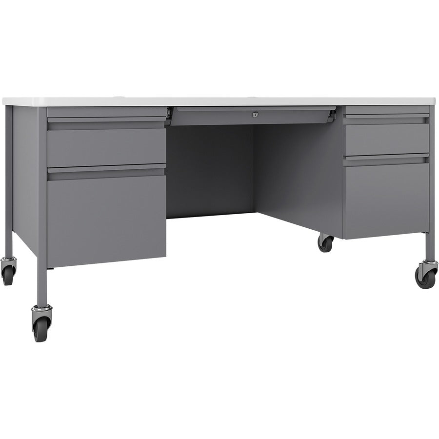 Lorell Fortress Series Mobile Double-Pedestal Teachers Desk - 29.5" Height x 60" Width x 30" Depth - Double Pedestal - T-mold Edge - Finish: Gray - 1 Each