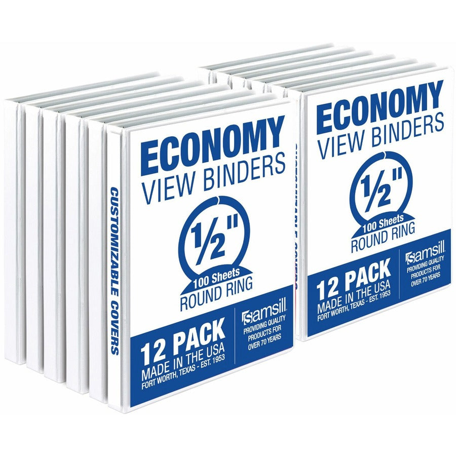 Samsill Economy View Binder - 1/2" Binder Capacity - Letter - 8 1/2" x 11" Sheet Size - 100 Sheet Capacity - 3 Ring - Fastener: Round Ring - Pocket: 2, Internal - Polypropylene, Chipboard, Plastic - White - Customizable Spine/Cover, Clear Overlay - 12...