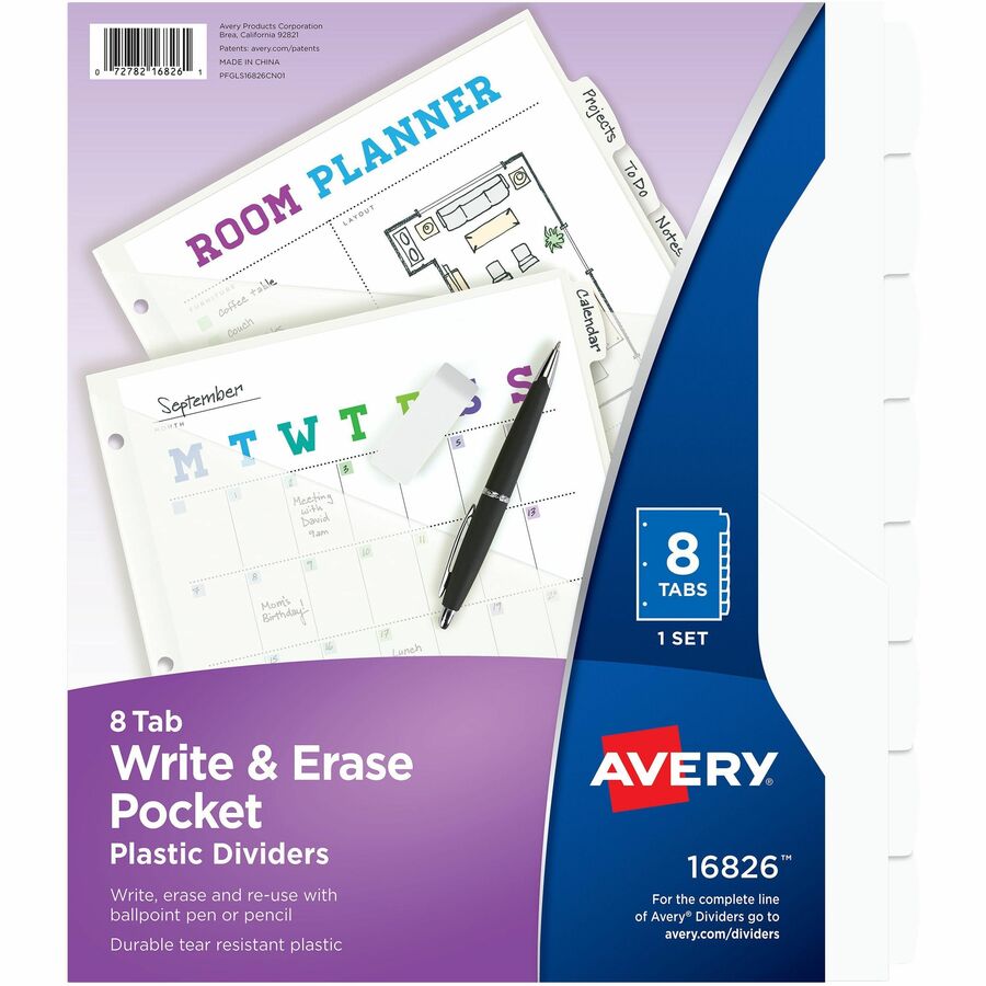Avery®, Write & Erase Pocket Plastic Dividers - 8 x Divider(s) - 8 Write-on Tab(s) - 8 - 8 Tab(s)/Set - 9.3" Divider Width x 11.25" Divider Length - 3 Hole Punched - White Plastic Divider - White Plastic Tab(s) - Hole-punched, Writable, Erasable, Du...