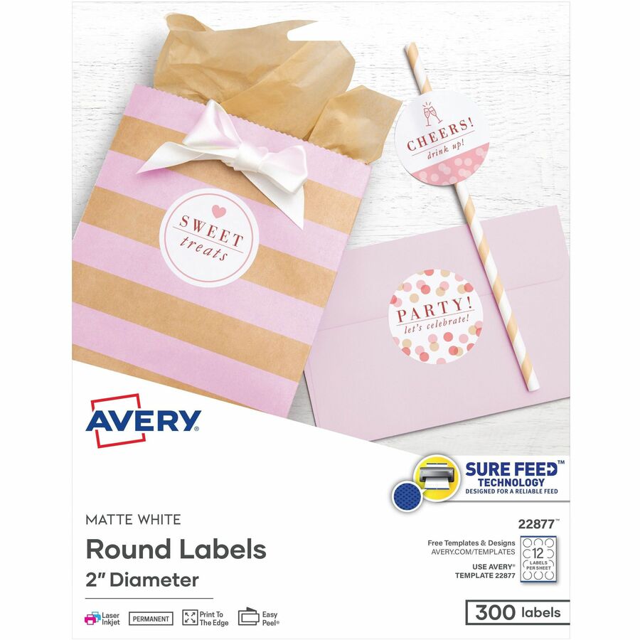 Avery®, Round Labels, 2" Diameter, Matte White, 300ct (22877) - x 2" Diameter - Permanent Adhesive - Round - Inkjet, Laser - Matte - White - Paper - 12 / Sheet - 25 Total Sheets - 300 Total Label(s) - For Label Printer - 300 / Pack