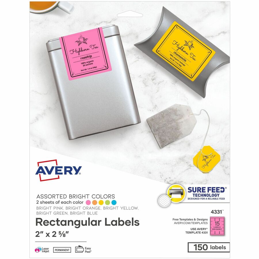 Avery®, Easy Peel Multipurpose Label - x 2" Width x 2 5/8" Length - Permanent Adhesive - Rectangle - Inkjet, Laser - Matte - Bright Blue, Bright Green, Bright Orange, Bright Pink, Bright Yellow - Paper - 15 / Sheet - 10 Total Sheets - 150 Total Labe...