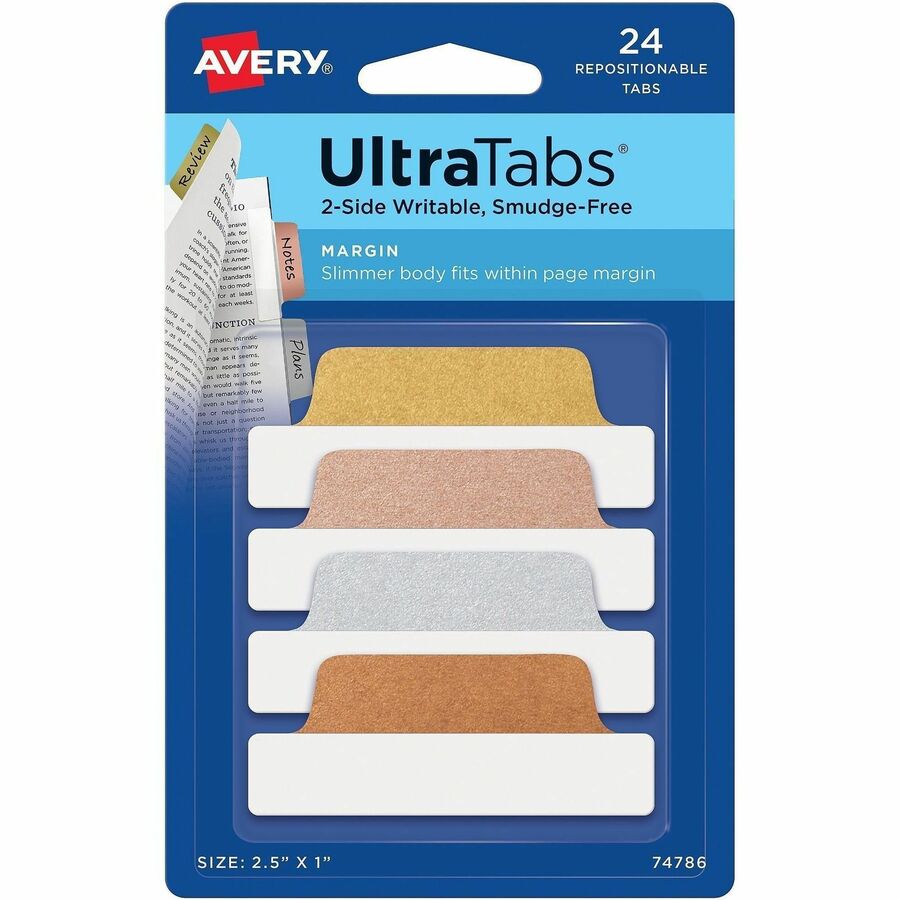Avery®, UltraTabs Repositionable Margin Tabs - 24 Tab(s) - 1" Tab Height x 2.50" Tab Width - Removable - Clear Film, Gold Paper, Rose Gold, Copper Tab(s) - Double-sided, Writable, PVC-free, Repositionable, Smudge Resistant, Reusable, Sturdy, Durable...