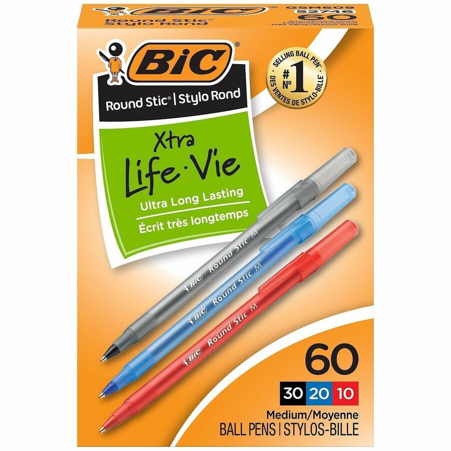 BIC Round Stic Xtra Life Ball Point Pen, Assorted - Assorted Ink - Translucent Barrel - 1 Box