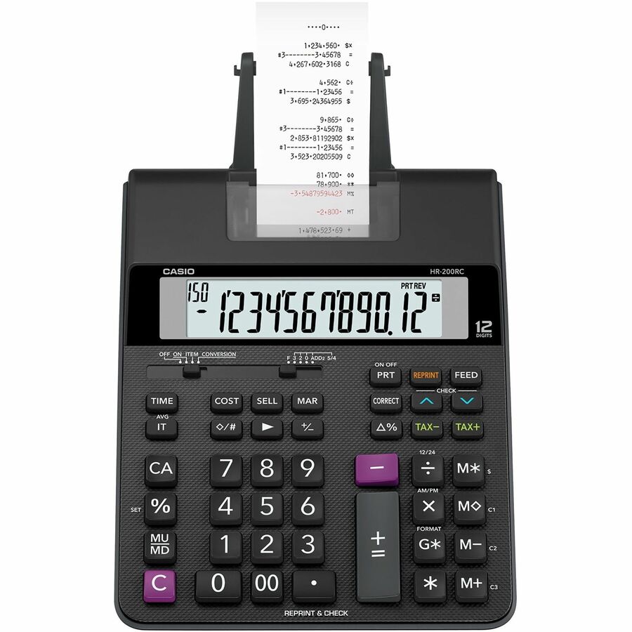 Casio HR-200RC Printing Calculator - Dual Color Print - Black/Red Print - 2 lps - Two-color Printing, Large Display, Dual Power - 12 Digits - AC Adapter Powered - 4 x AA - 2.6" Height x 7.7" Width x 12.3" Depth - Black - Desktop - 1 Each