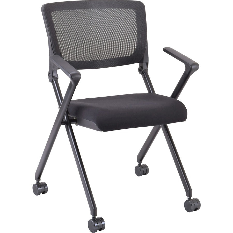 Lorell Mobile Mesh Back Nesting Chairs with Arms - Black Seat Color - Fabric Seat Material - Metal Frame Material - 2 / Carton