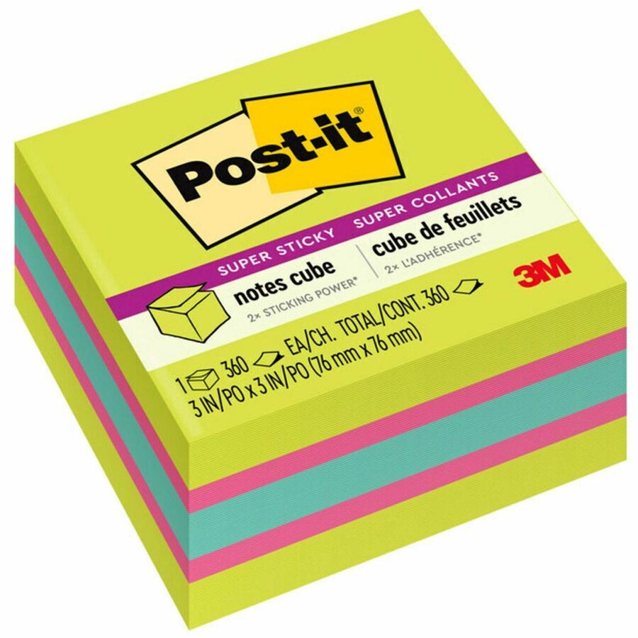 Post-it®, Super Sticky Notes Cube - 3" Flag/Note Width x 3" Flag/Note Length - Square - 360 Sheets per Pad - Guava, Acid Lime, Aqua Splash - Paper - Sticky, Recyclable - 1 Pack