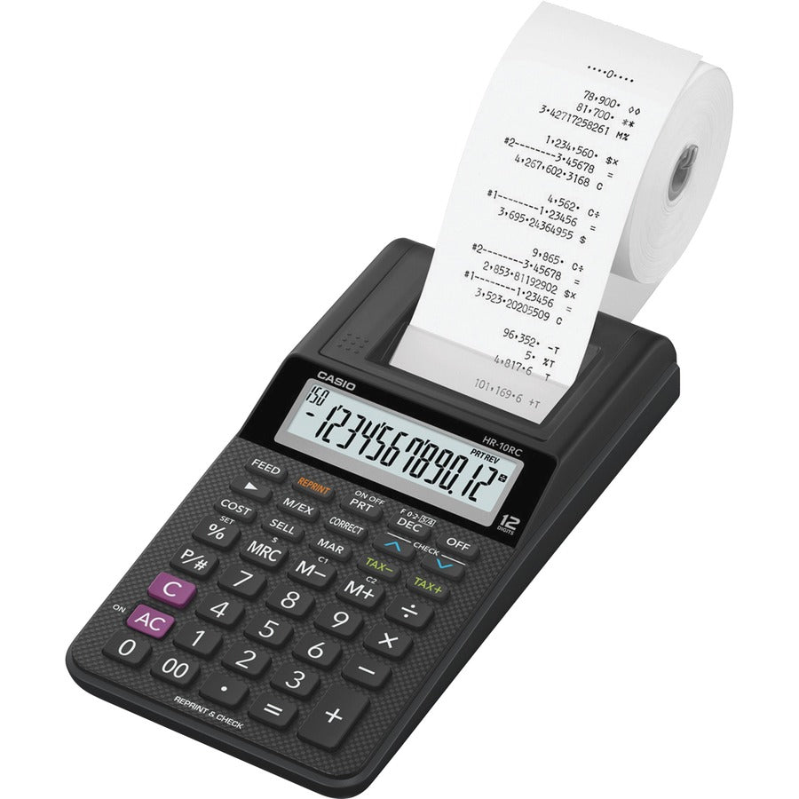 Casio HR-10RC Printing Calculator - 2 lps - Portable Printing/Display - 12 Digits - Battery Powered - 1.7" Height x 4" Width x 8.2" Length - Black - Handheld - 1 Each