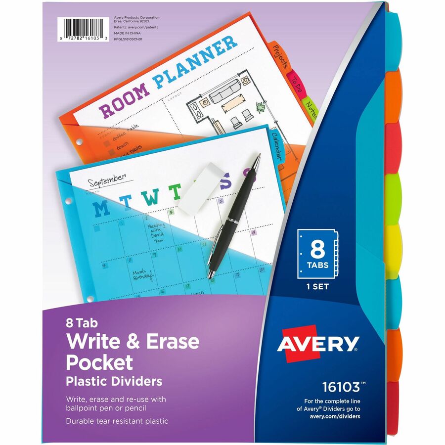 Avery Write & Erase Durable Plastic Dividers with Pocket - 8 x Divider(s) - 8 Write-on Tab(s) - 8 Tab(s)/Set - 9.3" Divider Width x 11.25" Divider Length - 3 Hole Punched - Multicolor Plastic Divider - Multicolor Plastic Tab(s) - Durable, Hole-punched...