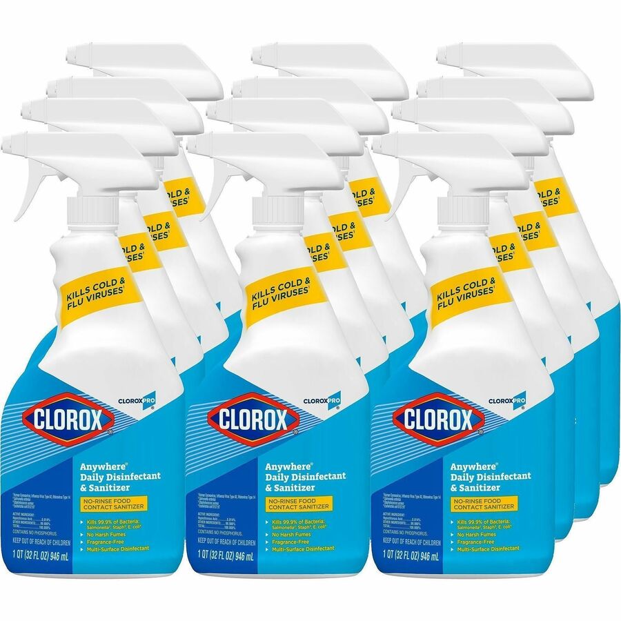 CloroxPro™, Anywhere Daily Disinfectant and Sanitizer - For Kitchen, Office, Breakroom, Day Care, Restaurant - Spray - 32 fl oz (1 quart) - Recommended For: Bacteria Remover, Germs Remover - No-rinse, Residue-free - Clear - 18 / Bundle