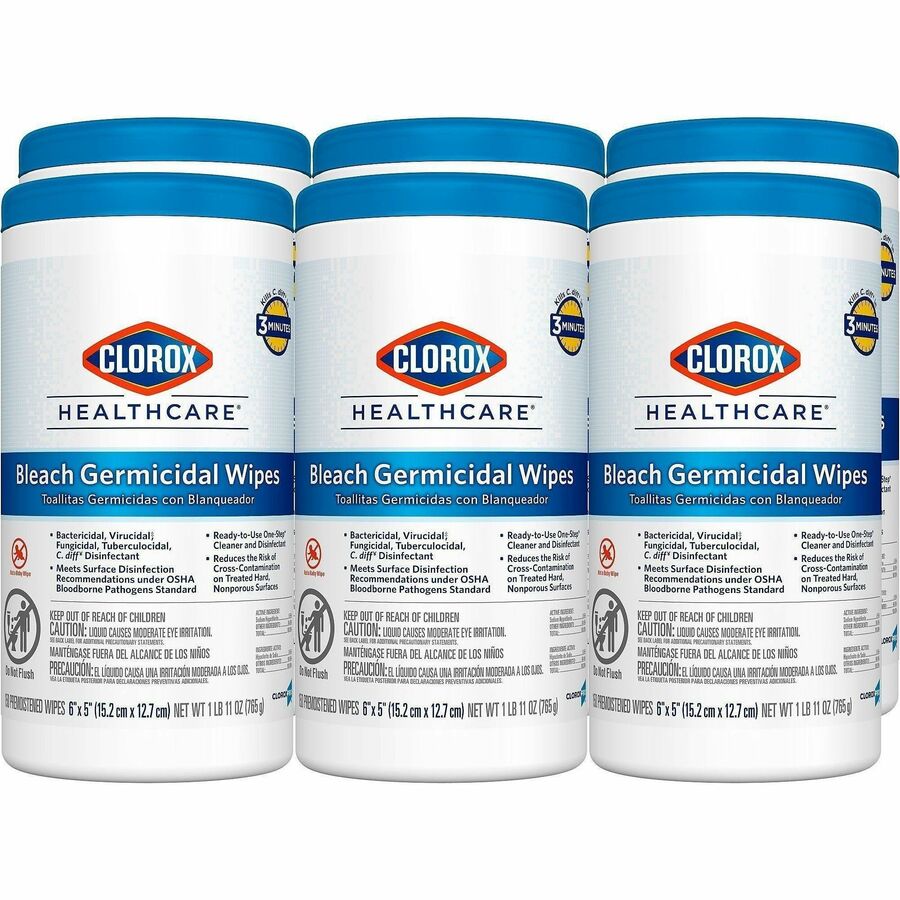 Clorox Healthcare Bleach Germicidal Wipes - Ready-To-Use - 5" Length x 6" Width - Anti-corrosive, Residue-free - White - 150/Tub - 3 / Pallet