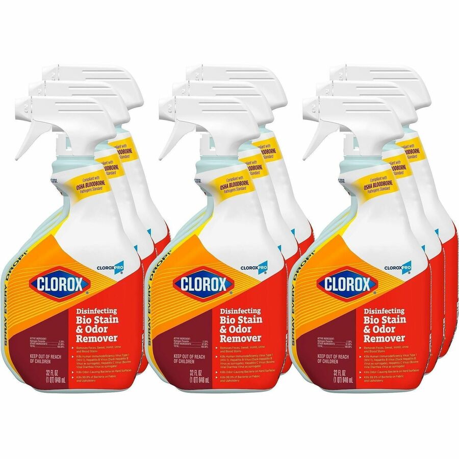 CloroxPro™, Disinfecting Bio Stain & Odor Remover Spray - Ready-To-Use - 32 fl oz (1 quart) - Bleach-free, Deodorize, Antibacterial, Disinfectant - Translucent - 24 / Bundle