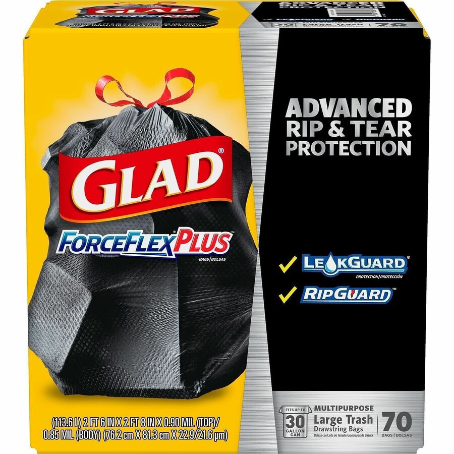 Glad Large Drawstring Trash Bags - ForceFlexPlus - 30 gal Capacity - 1.05 mil (27 Micron) Thickness - Drawstring Closure - Black - Kitchen, Outdoor, Commercial, Office - 70/Box - 2 / Pallet