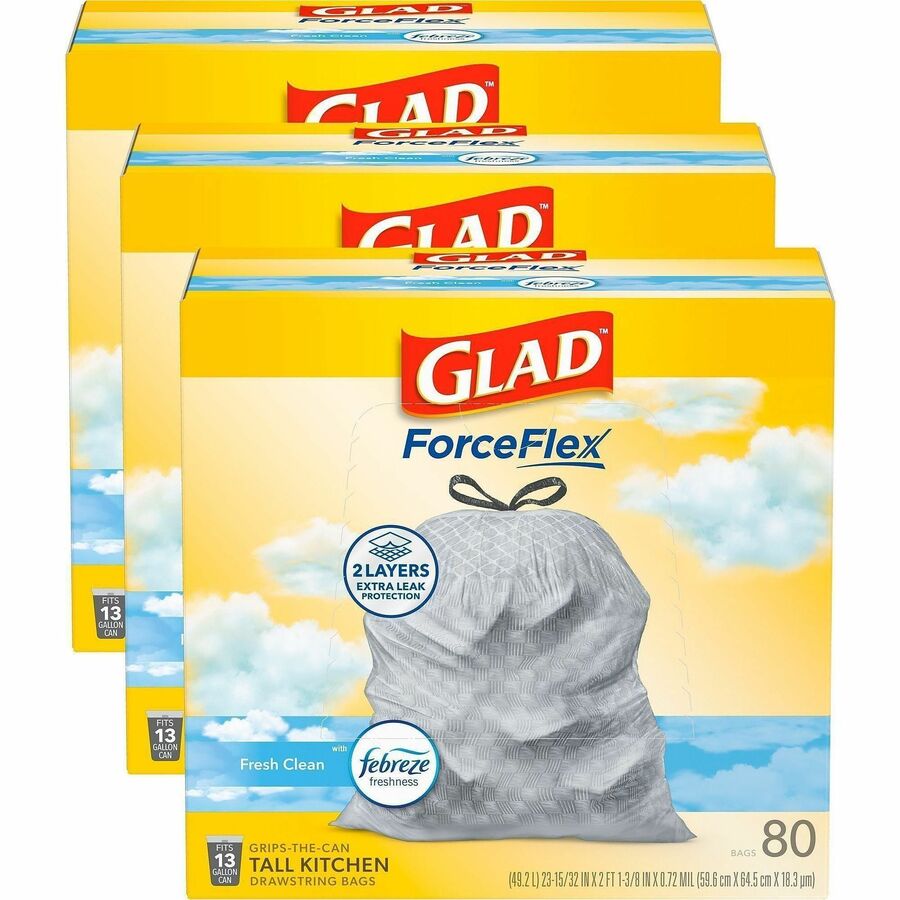Glad ForceFlex Tall Kitchen Drawstring Trash Bags - Fresh Clean with Febreze Freshness - 13 gal Capacity - 0.72 mil (18 Micron) Thickness - Drawstring Closure - White - Kitchen, Home, Office, Garbage, Breakroom, Cafeteria, School, Restaurant, Commercia...