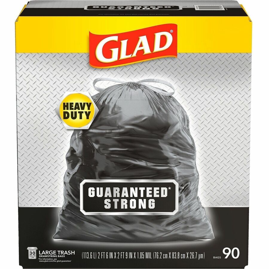 Glad Strong Large Drawstring Trash Bags - Large Size - 30 gal Capacity - 32.99" Length x 30" Width x 1.05 mil (27 Micron) Thickness - Drawstring Closure - Black - Plastic - Garbage, Indoor, Outdoor - 90/Box - 2 / Pallet