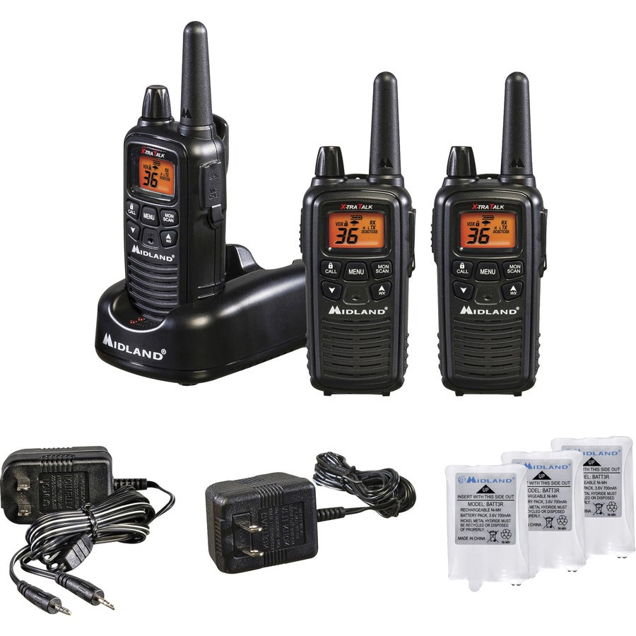 Midland LXT633VP3 Two-Way Radio Three Pack - 22 Radio Channels - Upto 158400 ft - 121 Total Privacy Codes - Silent Operation, Hands-free - AAA - Nickel Metal Hydride (NiMH) - Black - 1 Each