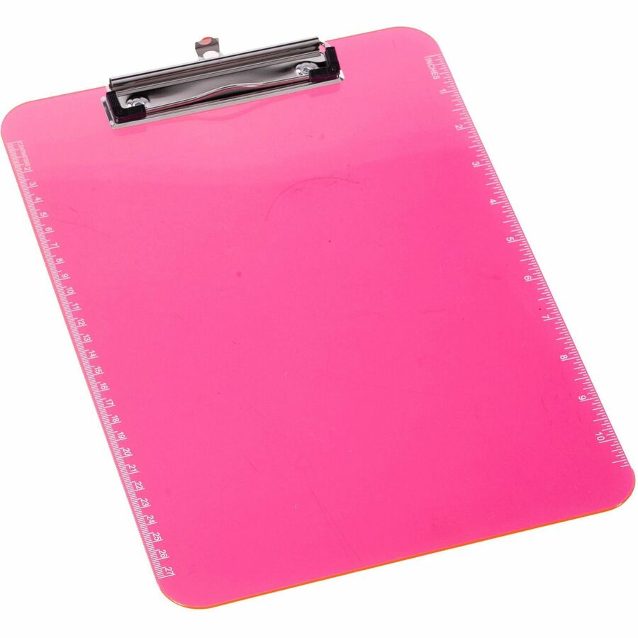 Business Source Flat Clip Clipboard - 9" x 12" Sheet Size - Plastic - Neon Pink - 1 Each