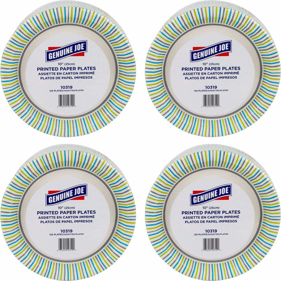 Genuine Joe 10" Printed Paper Plates - Disposable - 10" Diameter - Assorted - 125/Pack - 4 / Carton