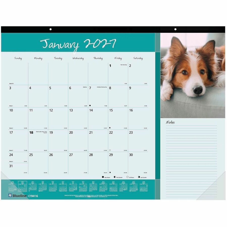 Blueline Man's Best Friend Dogs Desk Pad Calendar - Julian Dates - Monthly - 12 Month - January 2027 to December 2027 - 1 Month Single Page Layout - 22" x 17" Sheet Size - Desk Pad - Paper - 17" Height x 22" Width - 1 Each