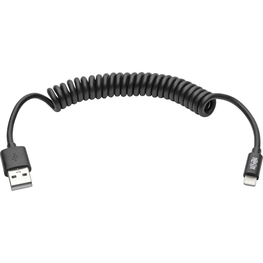 Tripp Lite series Lightning Connector USB Coiled Cable - 4 ft Lightning/USB Data Transfer Cable for Desktop Computer, iPhone, iPad, iPod, Notebook, Charger - First End: Lightning - Second End: USB Type A - Nickel Plated Connector - Black - 1 Each