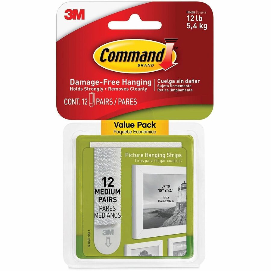 Command Medium Picture Value Pack Hanging Strips - 12 lb (5.44 kg) Capacity - Adhesive - Medium - for Pictures, Decoration, Painted Surface, Wood, Tile, Frame - White - 12 / Pack