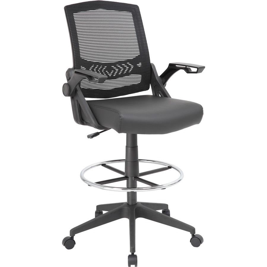 Boss Black Flip Arm Mesh Drafting Stool - Black Seat Color - Black Back Color - Mesh Back Material - Armrest - 1 Each