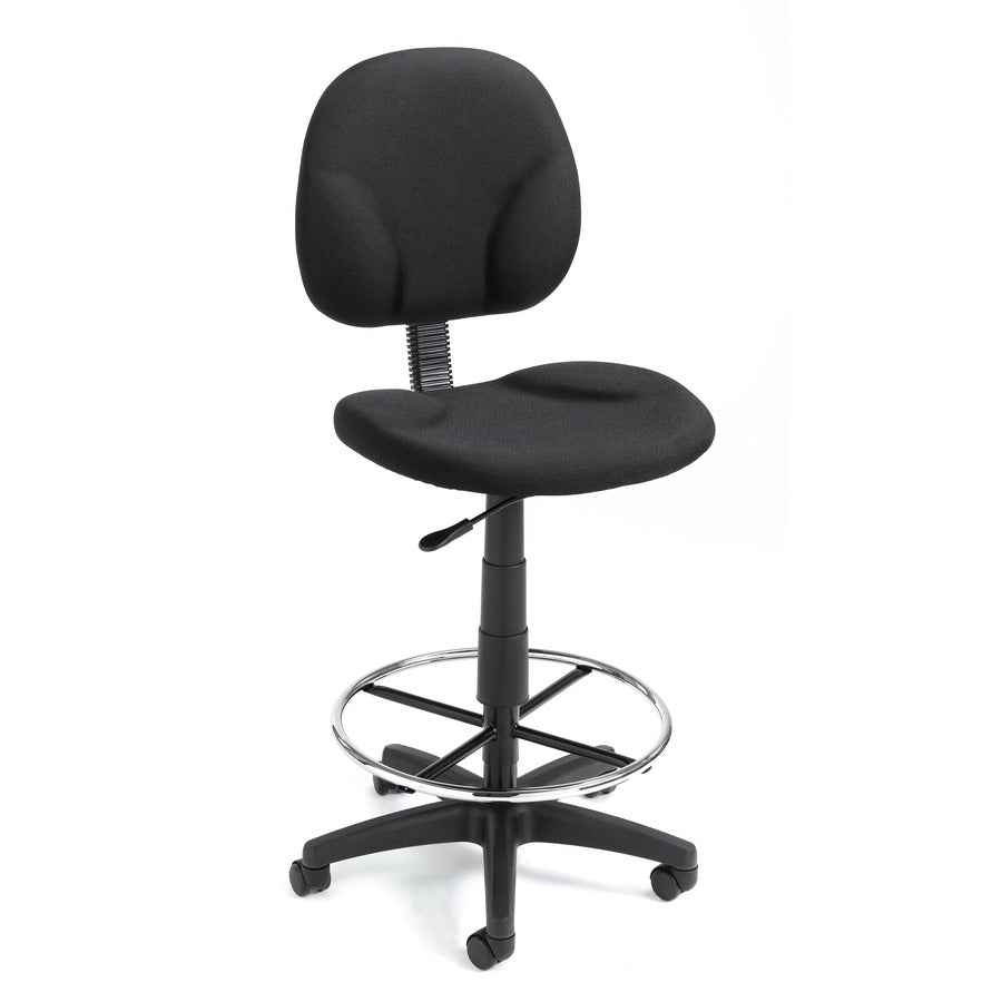 Boss Stand Up Fabric Drafting Stool with Foot Rest, Black - Black Seat Color - Crepe Fabric Seat Material - Black Back Color - Crepe Fabric Back Material - 5-star Base - 1 Each